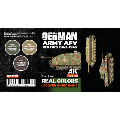 German Army AFV Colors 1943-1945 AK Interactive Real Colors RCS125 zawartość - RC852 Olivgrün RAL 6003, RC859 Dunkelgelb RAL 7028, RC864 Rotbraun RAL 8017 - AK Interactive
