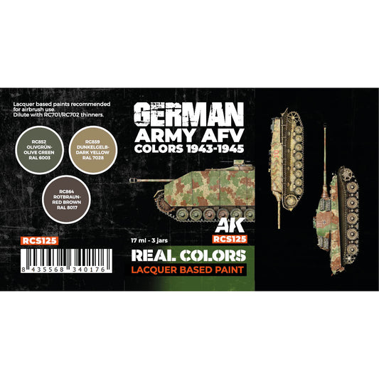 German Army AFV Colors 1943-1945 AK Interactive Real Colors RCS125 zawartość - RC852 Olivgrün RAL 6003, RC859 Dunkelgelb RAL 7028, RC864 Rotbraun RAL 8017 - AK Interactive
