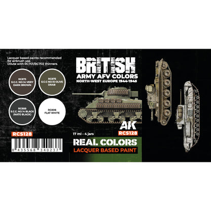 British Army AFV Colors North-West Europe 1944-1945 AK Interactive Real Colors RCS128 zawartość - RC873 S.C.C. No.1A Very Dark Brown, RC875 S.C.C. No.15 Olive Drab, RC888 S.C.C. No.14 Black, RC806 Flat White - AK Interactive
