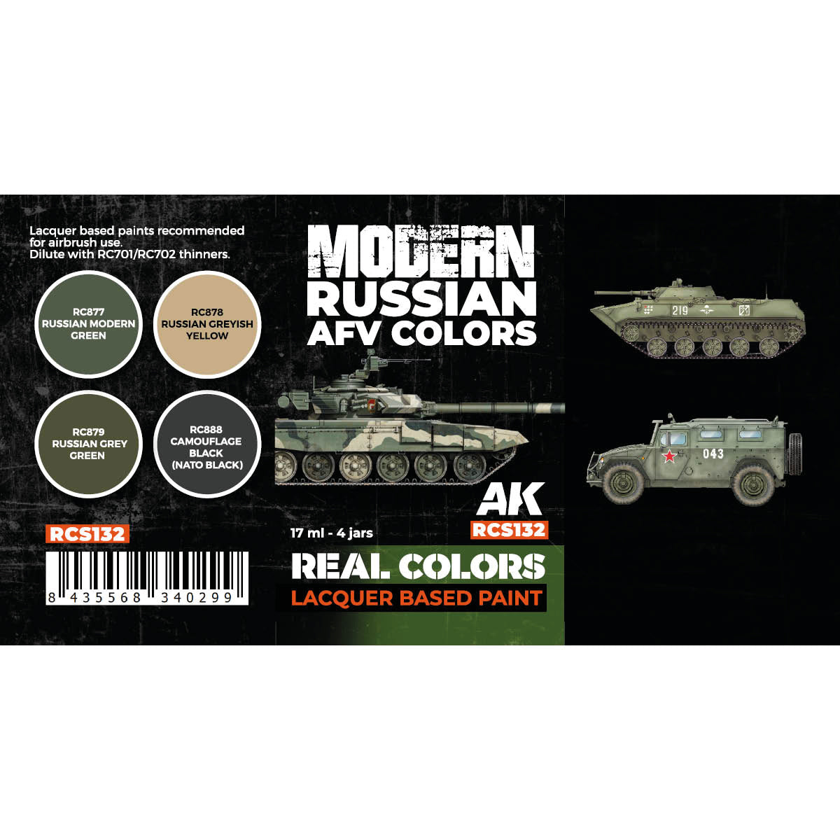 Modern Russian AFV Colors AK Interactive Real Colors RCS132 zawartość - RC877 Russian Modern Green, RC878 Russian Greyish Yellow, RC879 Russian Grey Green, RC888 Camouflage Black NATO Black - AK Interactive
