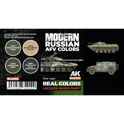 Modern Russian AFV Colors AK Interactive Real Colors RCS132 zawartość - RC877 Russian Modern Green, RC878 Russian Greyish Yellow, RC879 Russian Grey Green, RC888 Camouflage Black NATO Black - AK Interactive
