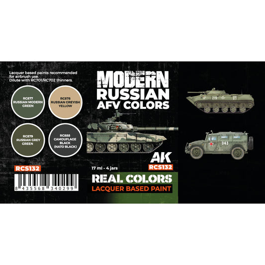 Modern Russian AFV Colors AK Interactive Real Colors RCS132 zawartość - RC877 Russian Modern Green, RC878 Russian Greyish Yellow, RC879 Russian Grey Green, RC888 Camouflage Black NATO Black - AK Interactive
