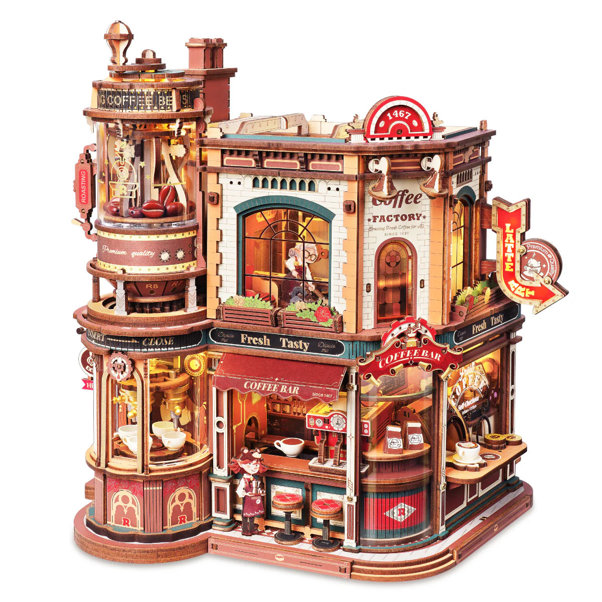 Fabryka Kawy Dream Coffee Factory ROKR EAB02 – gotowy model z oświetleniem LED, widok frontalny