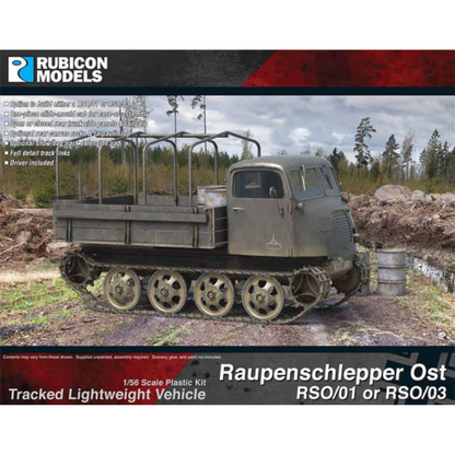 Raupenschlepper Ost RSO/01 – okładka pudełka Rubicon Models 1:56, model na błotnistej drodze, 280128
