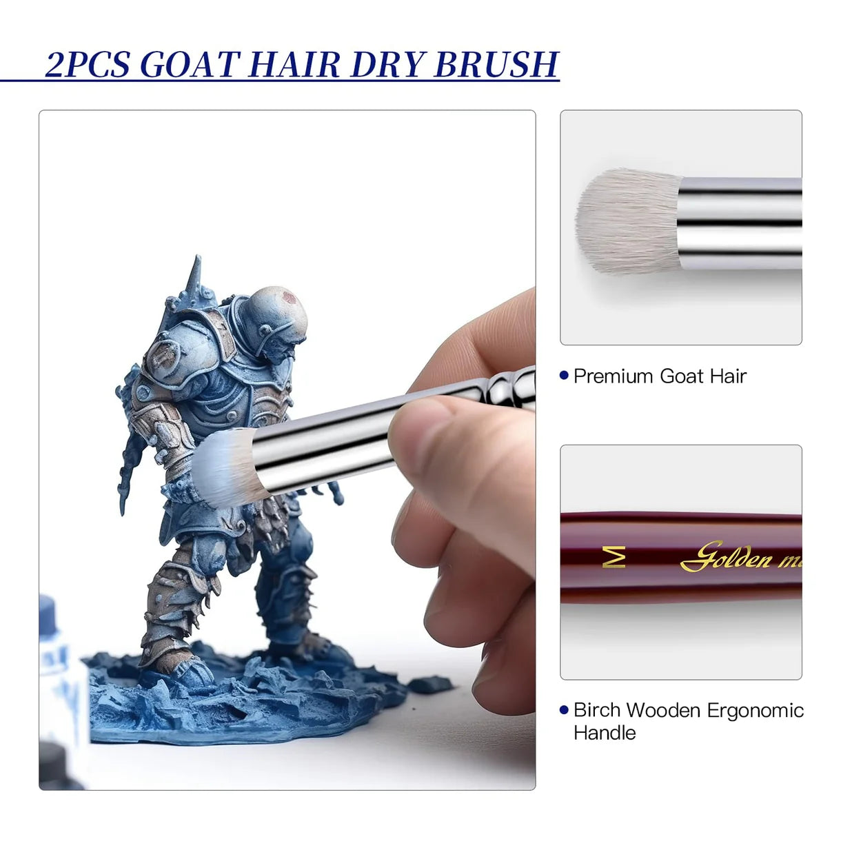 Infografika 2PCS Goat Hair Dry Brush – dry brushing figurki Space Marine, zbliżenie na włosie kozie i drewniany uchwyt Golden Maple, opis: Premium Goat Hair, Birch Wooden Ergonomic Handle
