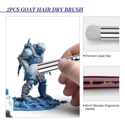 Infografika 2PCS Goat Hair Dry Brush – dry brushing figurki Space Marine, zbliżenie na włosie kozie i drewniany uchwyt Golden Maple, opis: Premium Goat Hair, Birch Wooden Ergonomic Handle
