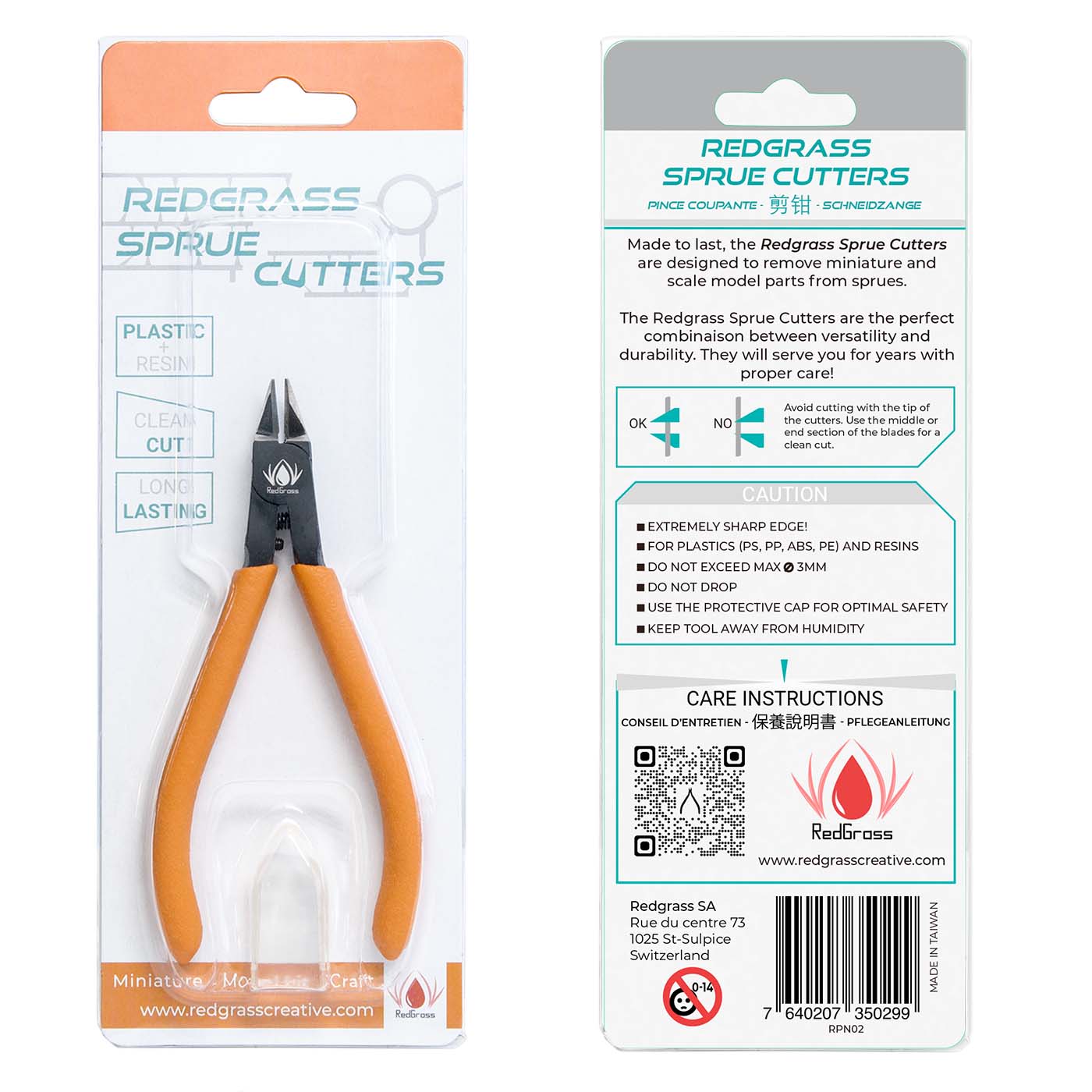 Redgrass Sprue Cutters – opakowanie przód i tył z opisem produktu, specyfikacją i instrukcją użytkowania
