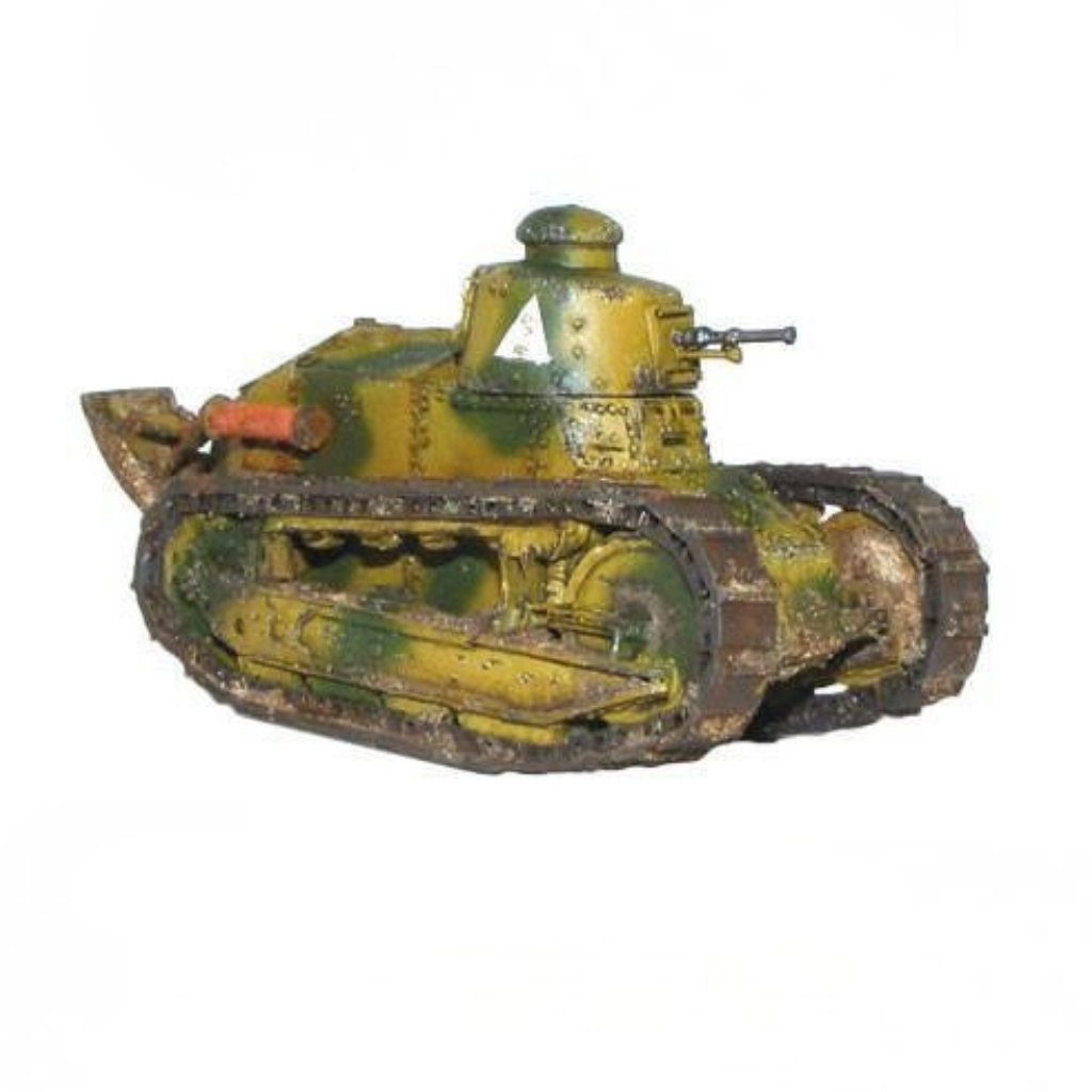 Renault FT-17 – model żywica+metal 28mm pomalowany w kamuflaż chiński, widok z boku, Bolt Action Warlord Games

