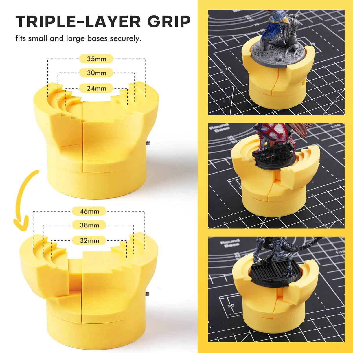 Głowica zaciskowa Golden Maple Triple-Layer Grip – schemat rozmiarów 24/30/35mm i 32/38/46mm z przykładami figurek na podstawkach
