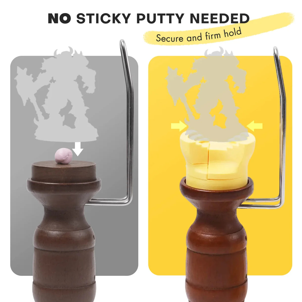 Porównanie blu-tacka i głowicy zaciskowej Golden Maple – napis "No Sticky Putty Needed, Secure and Firm Hold"
