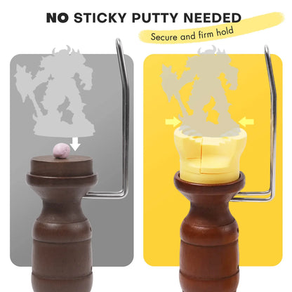 Porównanie blu-tacka i głowicy zaciskowej Golden Maple – napis "No Sticky Putty Needed, Secure and Firm Hold"
