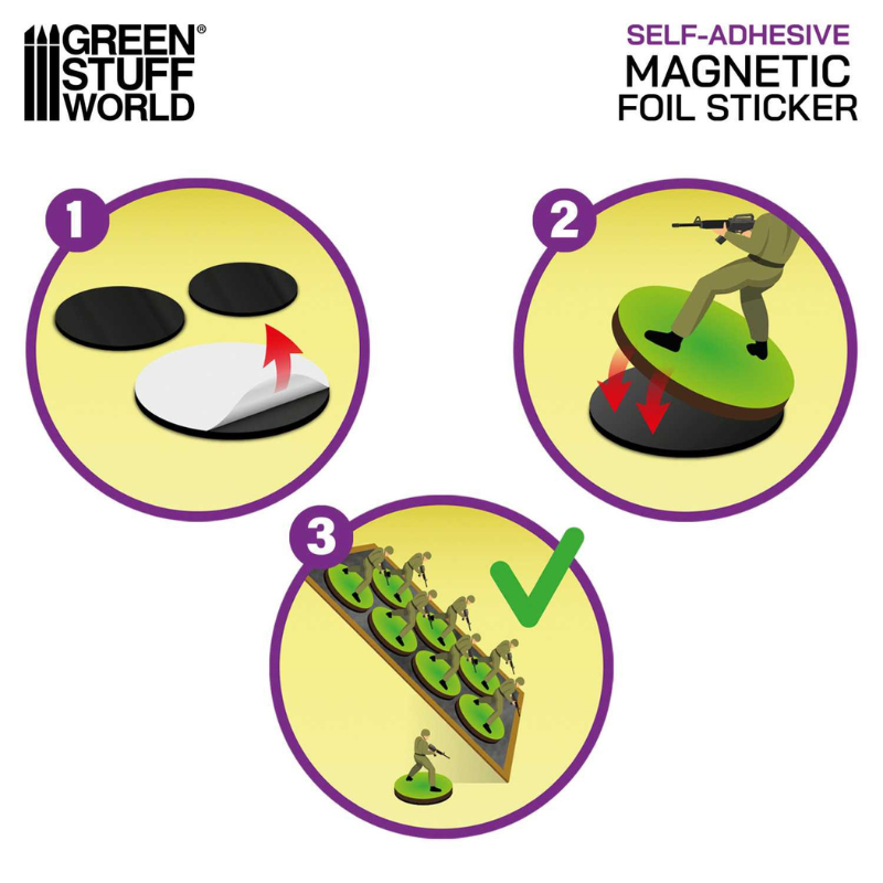 Round Magnetic Sheet Self-Adhesive 25mm 10861 – Green Stuff World – instrukcja: odkleć papier, przykleić do podstawki, figurki trzymają się na tacy