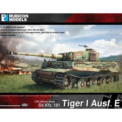 Rubicon Models 280016 Tygrys I Ausf. E – pudełko 1/56 Sd.Kfz. 181 Tiger I Ausf. E: niemiecki czołg ciężki Tygrys I w trójkolorowym kamuflażu (oliwkowy, brązowy, piaskowy) z numerem 134 na wieży, armata KwK 36 L/56 kal. 88mm, filtry Feifel, jedzie przez pole bitwy z płonącymi czołgami w tle, logo Rubicon Models, lista cech zestawu (wczesna, średnia, późna produkcja)