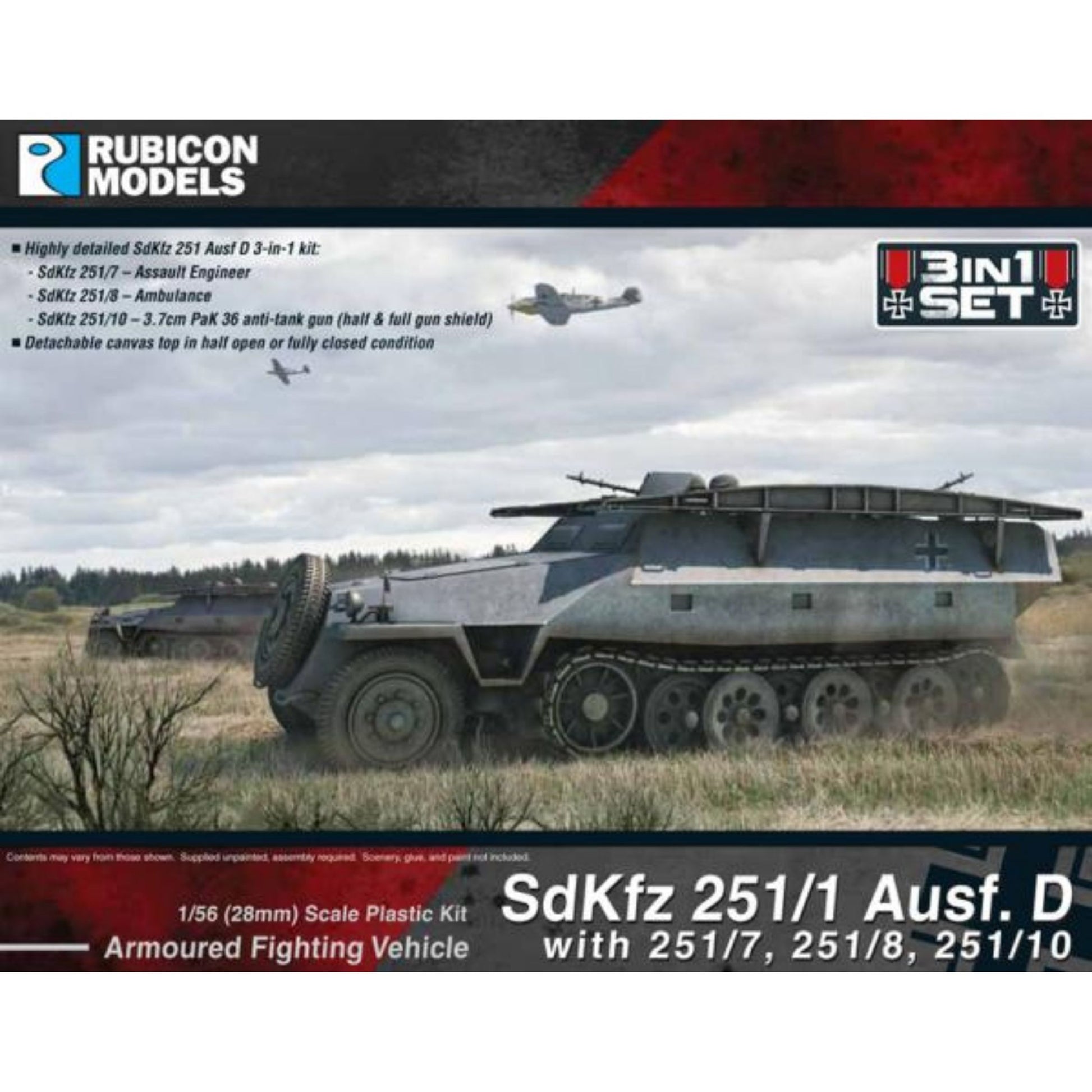 Rubicon Models 280019 SdKfz 251/1 Ausf. D 3w1 – pudełko 1/56 Armoured Fighting Vehicle SdKfz 251/1 Ausf. D z zestawem 3w1 (251/7, 251/8, 251/10): niemiecki transporter półgąsienicowy SdKfz 251 Ausf. D w szarym kamuflażu z krzyżem żelaznym na kadłubie, plandeka dachowa półotwarta, jedzie przez jesienne pole z dwoma samolotami w tle, logo Rubicon Models, napis 3in1 SET, lista wariantów (251/7 Assault Engineer, 251/8 Ambulance, 251/10 PaK 36 3.7cm)