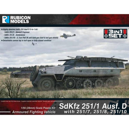 Rubicon Models 280019 SdKfz 251/1 Ausf. D 3w1 – pudełko 1/56 Armoured Fighting Vehicle SdKfz 251/1 Ausf. D z zestawem 3w1 (251/7, 251/8, 251/10): niemiecki transporter półgąsienicowy SdKfz 251 Ausf. D w szarym kamuflażu z krzyżem żelaznym na kadłubie, plandeka dachowa półotwarta, jedzie przez jesienne pole z dwoma samolotami w tle, logo Rubicon Models, napis 3in1 SET, lista wariantów (251/7 Assault Engineer, 251/8 Ambulance, 251/10 PaK 36 3.7cm)