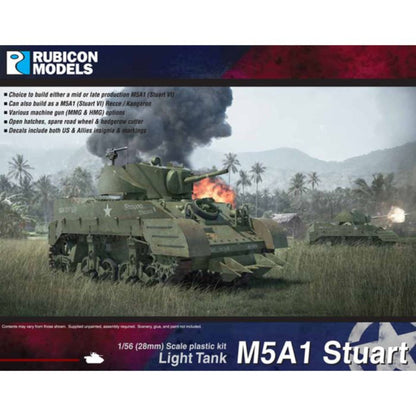 Rubicon Models 280023 M5A1 Stuart – pudełko 1/56 Light Tank M5A1 Stuart / Stuart VI Recce: amerykański lekki czołg M5A1 Stuart w oliwkowej zieleni z białą gwiazdą i numerem USA 3013813 na kadłubie, armata 37mm M6, pierŜień MG na wieży, jedzie przez jesienny las, logo Rubicon Models, lista cech zestawu