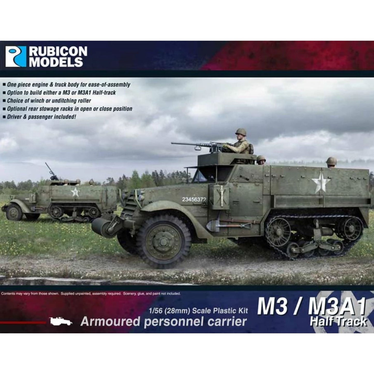 Rubicon Models 280027 M3 / M3A1 Half-Track – pudełko 1/56 Armoured Personnel Carrier M3 / M3A1 Half Track: dwa amerykańskie transportery półgąsienicowe M3 w oliwkowej zieleni z białą gwiazdą i numerem 23456372 na kadłubie, karabin maszynowy M2HB na pierścieniu, figurki kierowcy i pasażera, jadą przez łąkę z lasem w tle, logo Rubicon Models, lista cech zestawu