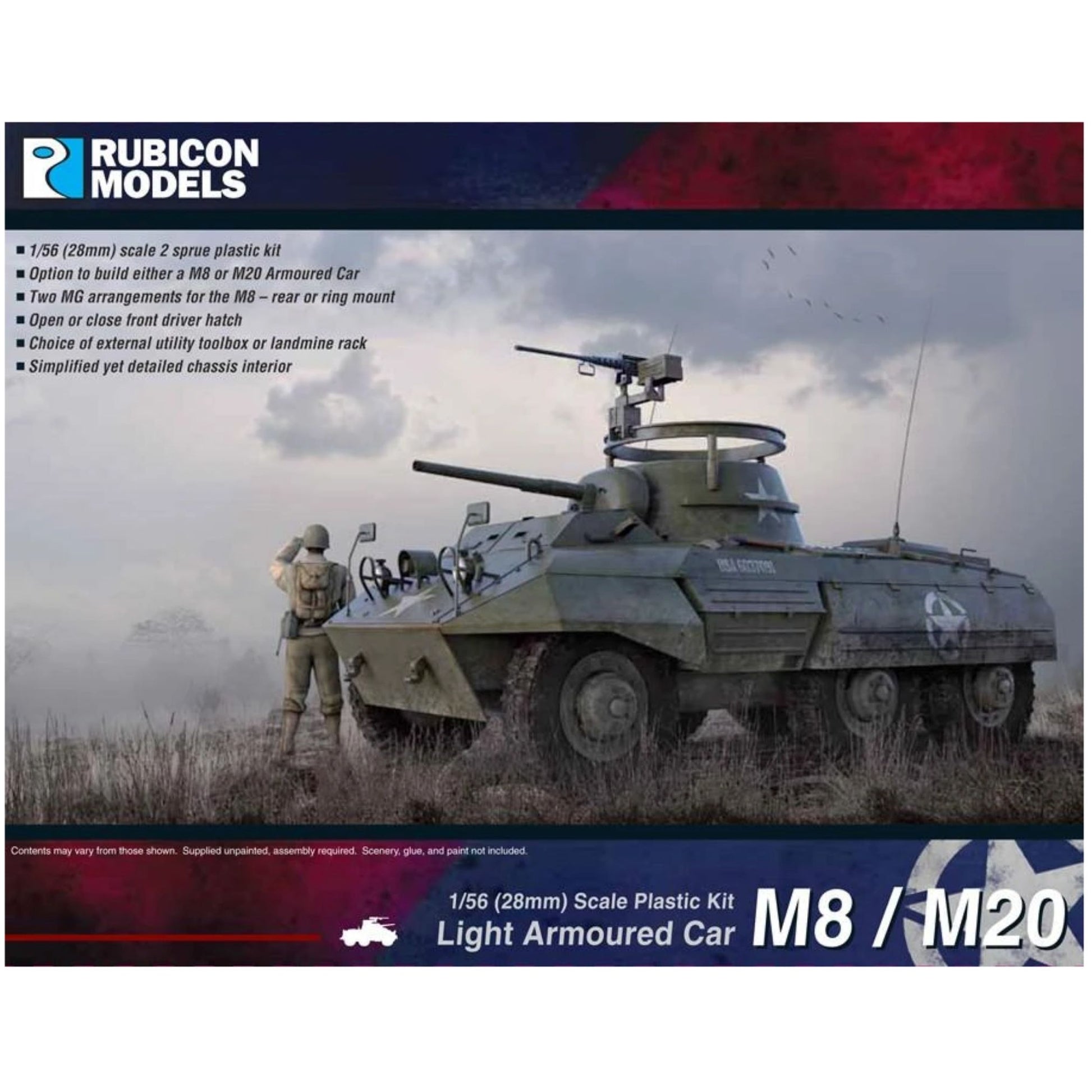 Rubicon Models 280028 M8 Greyhound / M20 Scout Car – pudełko 1/56 Armoured Car M8 Greyhound / M20 Scout Car: amerykański M8 Greyhound w oliwkowej zieleni z białą gwiazdą i numerem USA 3018913 na kadłubie, armata 37mm M6 w wieży, pierŜień karabinu maszynowego M2HB na wieży, jedzie przez jesienny las, logo Rubicon Models, lista cech zestawu