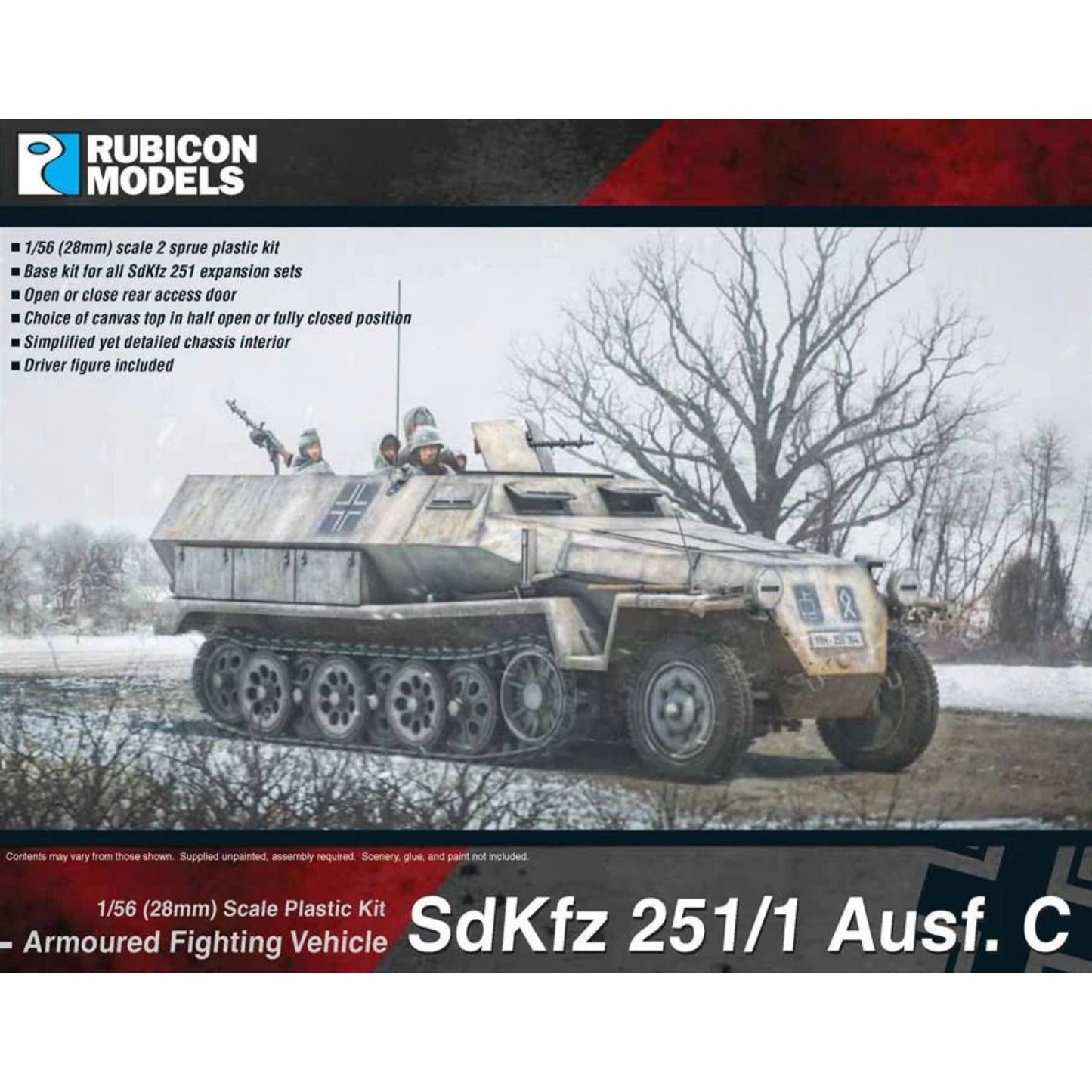 Rubicon Models 280031 SdKfz 251/1 Ausf. C – pudełko 1/56 Armoured Fighting Vehicle SdKfz 251/1 Ausf C: niemiecki transporter półgąsienicowy w zimowym kamuflażu biało-piaskowym z krzyżem żelaznym na kadłubie, figurki żołnierzy grenadierów pancernych z MG 34, jedzie przez Şnieżną równinę z drzewami w tle, logo Rubicon Models, lista cech zestawu
