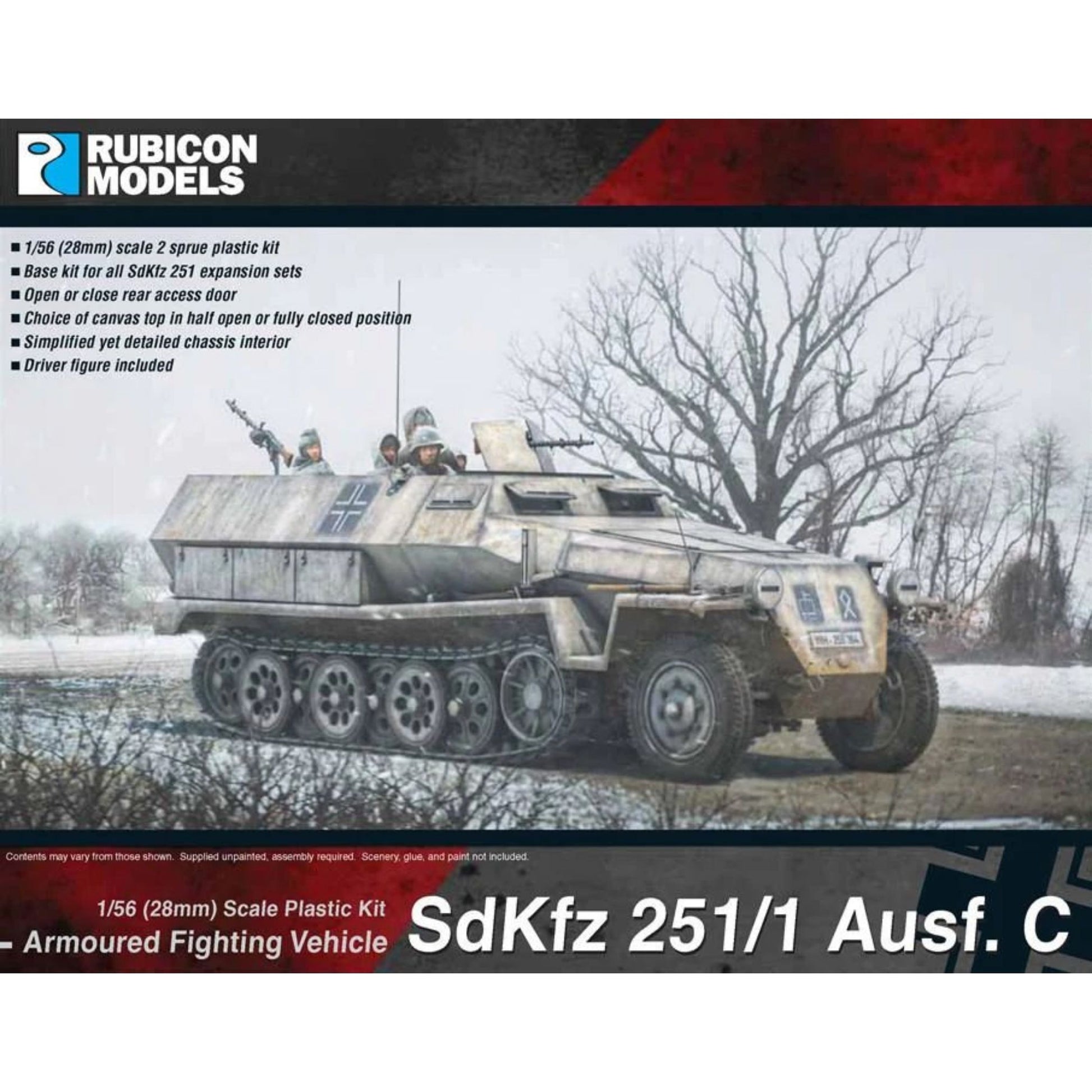 Rubicon Models 280031 SdKfz 251/1 Ausf. C – pudełko 1/56 Armoured Fighting Vehicle SdKfz 251/1 Ausf C: niemiecki transporter półgąsienicowy w zimowym kamuflażu biało-piaskowym z krzyżem żelaznym na kadłubie, figurki żołnierzy grenadierów pancernych z MG 34, jedzie przez Şnieżną równinę z drzewami w tle, logo Rubicon Models, lista cech zestawu