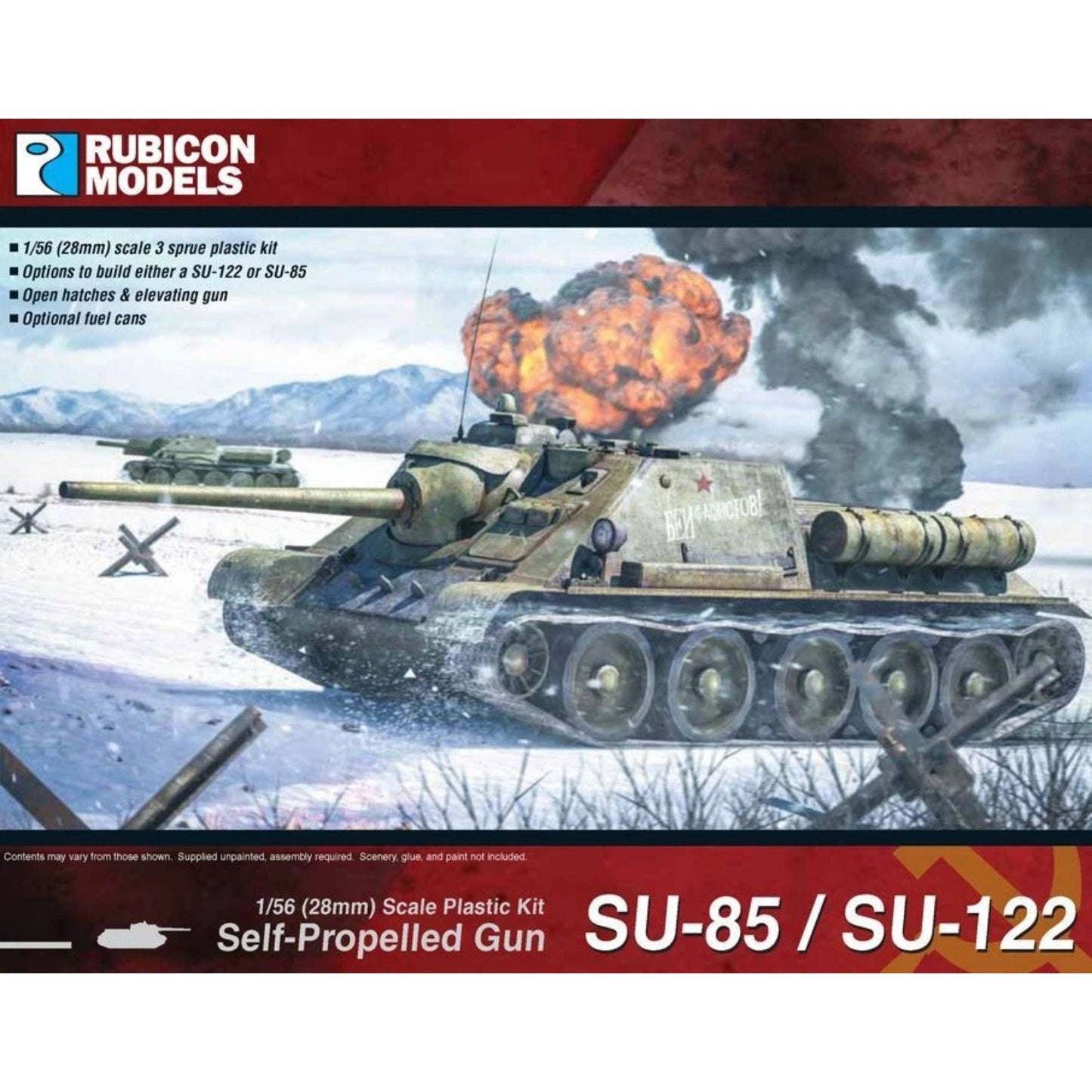 Rubicon Models 280034 SU-85 / SU-122 – pudełko 1/56 Self-Propelled Gun SU-85 / SU-122: radziecki SU-122 jedzie przez Şnieżną równinę z wybuchem w tle, oliwkowa zieleD z napisem „За Родину!” i czerwoną gwiazdą, haubica 122mm M-30, logo Rubicon Models, lista cech zestawu (SU-122 lub SU-85, otwarte włazy, unoszone działo, kanistr)
