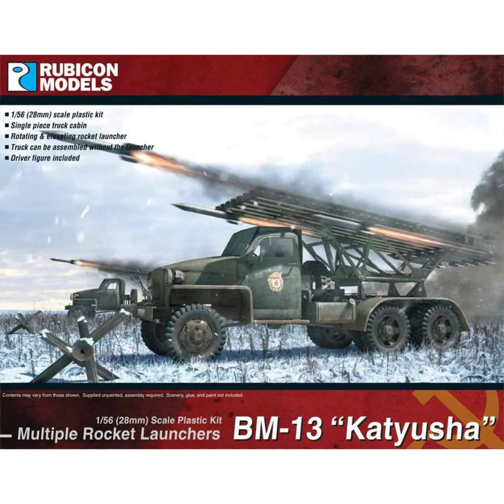 Rubicon Models 280036 BM-13N Katiusza – pudełko 1/56 Multiple Rocket Launchers BM-13 Katyusha: radziecki ciężarówka Studebaker US6 6x6 z wyrzutnią rakiet M-13 strzela salwą na Şnieżnym polu, oliwkowa zieleD, czerwona gwiazda na drzwiach, logo Rubicon Models, lista cech zestawu (obrót i podnoszenie wyrzutni, figurka kierowcy)