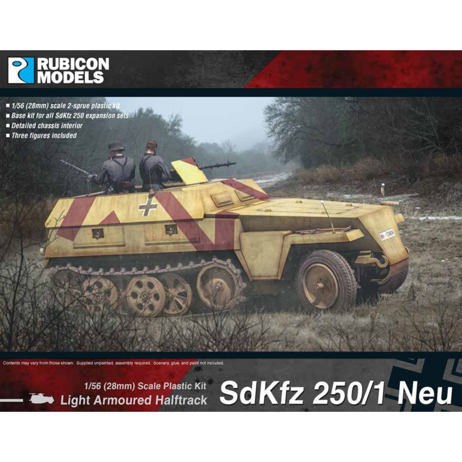 Rubicon Models 280038 SdKfz 250/1 Neu – pudełko 1/56 Light Armoured Halftrack SdKfz 250/1 Neu: niemiecki lekki transporter opancerzony w pustynnym kamuflażu piaskowym z czerwono-brązowymi ukośnymi pasami i krzyżem na kadłubie, dwie figurki załogi (oficer i strzelec MG 34), jedzie przez jesienny las z mgłą, logo Rubicon Models, lista cech zestawu