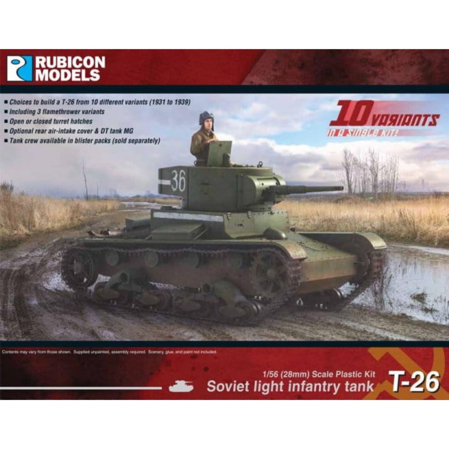 Rubicon Models 280070 T-26 Soviet Light Infantry Tank – pudełko 1/56 28mm: radziecki lekki czołg T-26 w oliwkowej zieleni z numerem 36 na wieży jednowieżowej, armata 45mm, figurka dowódcy w otworze wieży, jedzie błotnistą drogą przez jesienne pole, logo Rubicon Models, napis 10 Variants in a Single Kit, lista cech zestawu