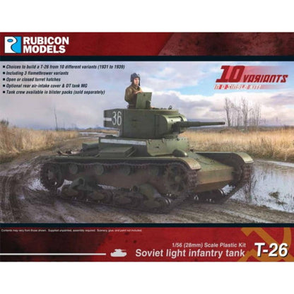 Rubicon Models 280070 T-26 Soviet Light Infantry Tank – pudełko 1/56 28mm: radziecki lekki czołg T-26 w oliwkowej zieleni z numerem 36 na wieży jednowieżowej, armata 45mm, figurka dowódcy w otworze wieży, jedzie błotnistą drogą przez jesienne pole, logo Rubicon Models, napis 10 Variants in a Single Kit, lista cech zestawu