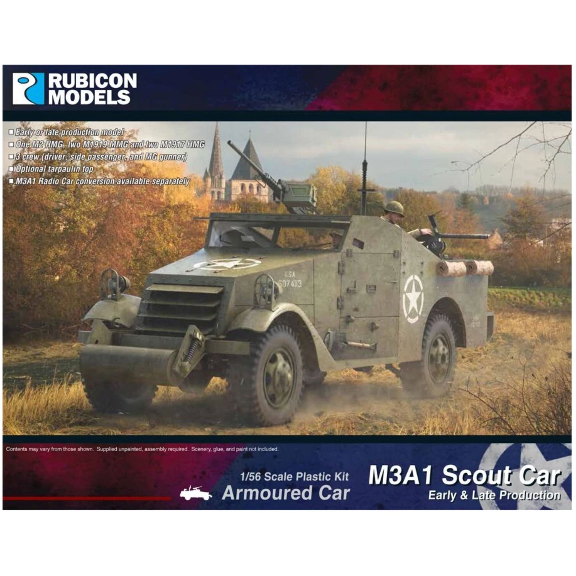 Rubicon Models 280083 M3A1 Scout Car – pudełko 1/56 Armoured Car M3A1 Scout Car Early & Late Production: amerykański samochód pancerny w oliwkowej zieleni z białą gwiazdą i numerem USA 7074113, karabin maszynowy M2 HMG, figurka strzelca w hełmie, jedzie przez jesienne pole z kościółem w tle, logo Rubicon Models, lista cech zestawu, napis 1/56 Scale Plastic Kit Armoured Car