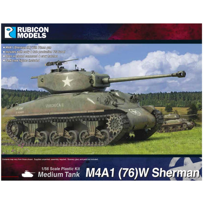 Rubicon Models 280087 M4A1(76)W Sherman – pudełko 1/56 Medium Tank M4A1(76)W Sherman: amerykański czołg Średni Sherman IIA w oliwkowej zieleni z białą gwiazdą na wieży i napisem VERONICA II na kadłubie, armata 76mm M1A2 w wieży T23, karabin maszynowy M2HB na wieży, jedzie przez zieloną łąkę z lasem w tle, drugi Sherman w tle, logo Rubicon Models, lista cech zestawu