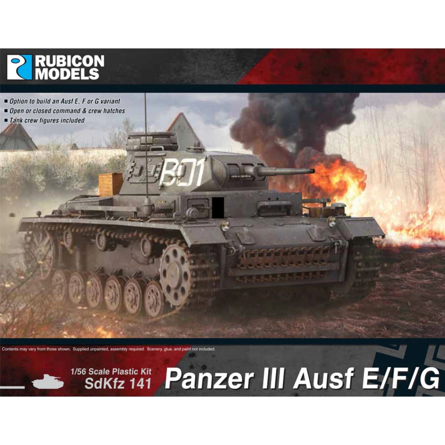 Rubicon Models 280091 Panzer III Ausf. E/F/G – pudełko 1/56 SdKfz 141 Panzer III Ausf E/F/G: PzKpfw III strzela w jesiennym lesie z obłokiem dymu i płomieniami, ciemnoszary kamuflaż, numer B01 na wieży, logo Rubicon Models, lista cech zestawu (Ausf E/F/G, włazy otwarte/zamknięte, figurki załogi), napis 1/56 Scale Plastic Kit SdKfz 141