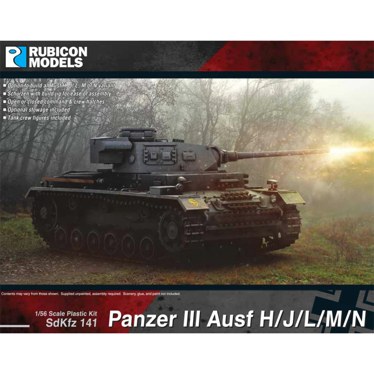 Rubicon Models 280092 Panzer III Ausf. H/J/L/M/N – pudełko 1/56 SdKfz 141 Panzer III Ausf H/J/L/M/N: PzKpfw III strzela w jesiennym lesie z mgłą, ciemnoszary kamuflaż, błysk wystrzału z armaty 50mm, logo Rubicon Models, lista cech zestawu (Ausf H/J/L/M/N, Schürzen z jigiem, włazy otwarte/zamknięte, wyposażenie, figurki załogi), napis 1/56 Scale Plastic Kit SdKfz 141