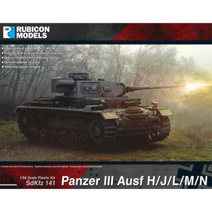 Rubicon Models 280092 Panzer III Ausf. H/J/L/M/N – pudełko 1/56 SdKfz 141 Panzer III Ausf H/J/L/M/N: PzKpfw III strzela w jesiennym lesie z mgłą, ciemnoszary kamuflaż, błysk wystrzału z armaty 50mm, logo Rubicon Models, lista cech zestawu (Ausf H/J/L/M/N, Schürzen z jigiem, włazy otwarte/zamknięte, wyposażenie, figurki załogi), napis 1/56 Scale Plastic Kit SdKfz 141