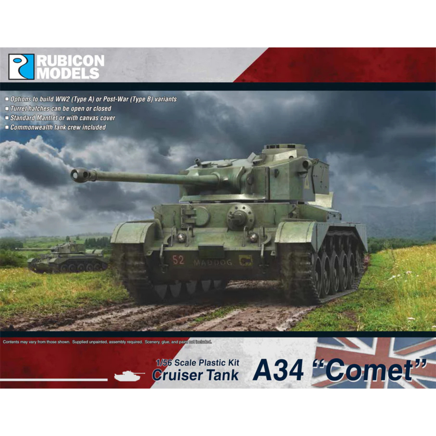 Rubicon Models 280094 A34 Comet – pudełko 1/56 Cruiser Tank A34 Comet: brytyjski czołg szybki Comet w oliwkowej zieleni z numerem 52 jedzie przez łąkę, armata 77mm HV, drugi Comet w tle, logo Rubicon Models, flaga brytyjska, lista cech zestawu (WW2 Type A / Post-War Type B)