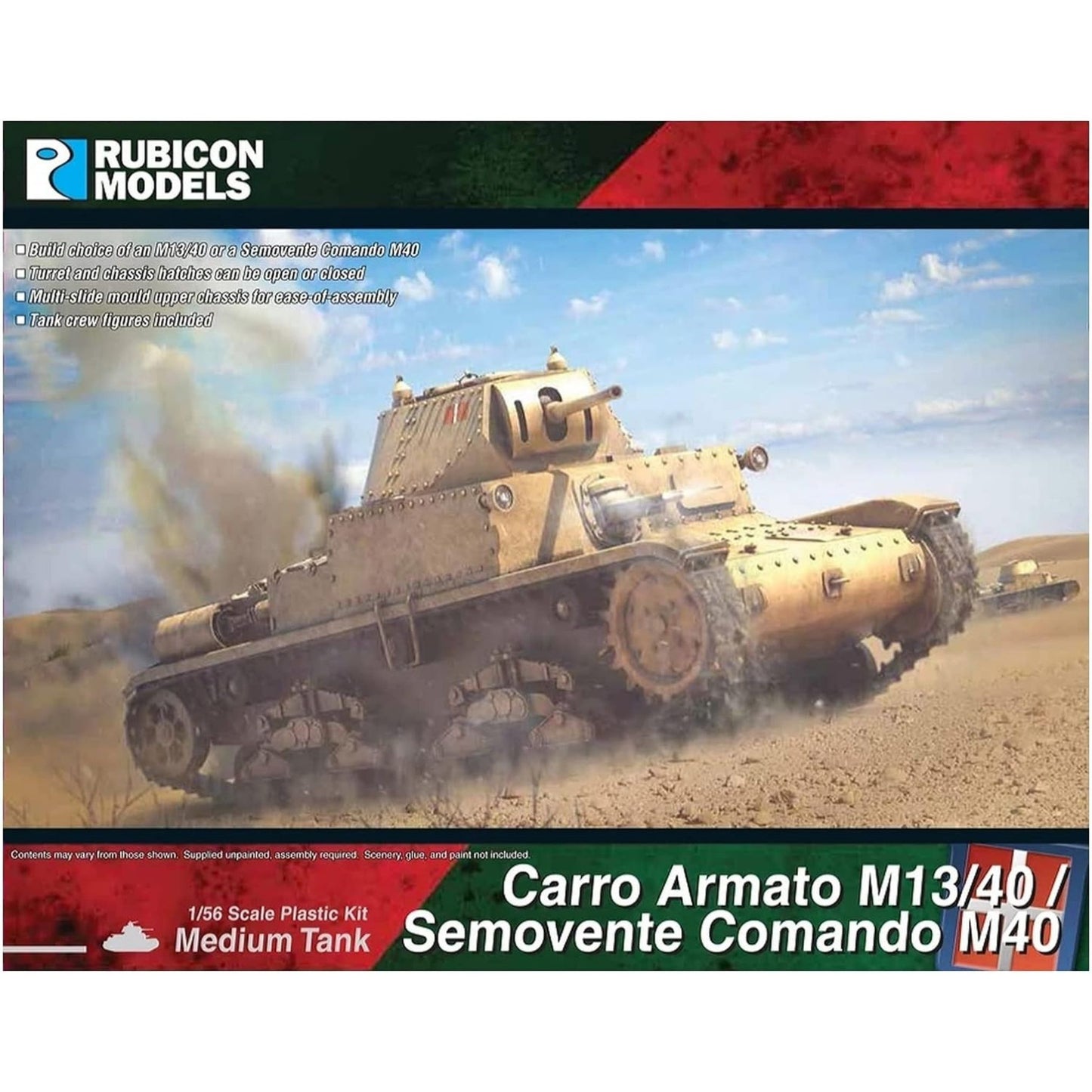 Rubicon Models 280095 Carro Armato M13/40 / Semovente Comando M40 – pudełko 1/56 Medium Tank: włoski czołg Średni M13/40 w kamuflażu pustynnym piaskowym z flagą włoską na wieży, armata 47mm, jedzie przez pustynny teren, logo Rubicon Models, lista cech zestawu