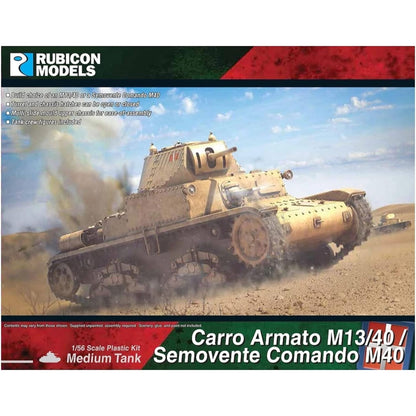 Rubicon Models 280095 Carro Armato M13/40 / Semovente Comando M40 – pudełko 1/56 Medium Tank: włoski czołg Średni M13/40 w kamuflażu pustynnym piaskowym z flagą włoską na wieży, armata 47mm, jedzie przez pustynny teren, logo Rubicon Models, lista cech zestawu