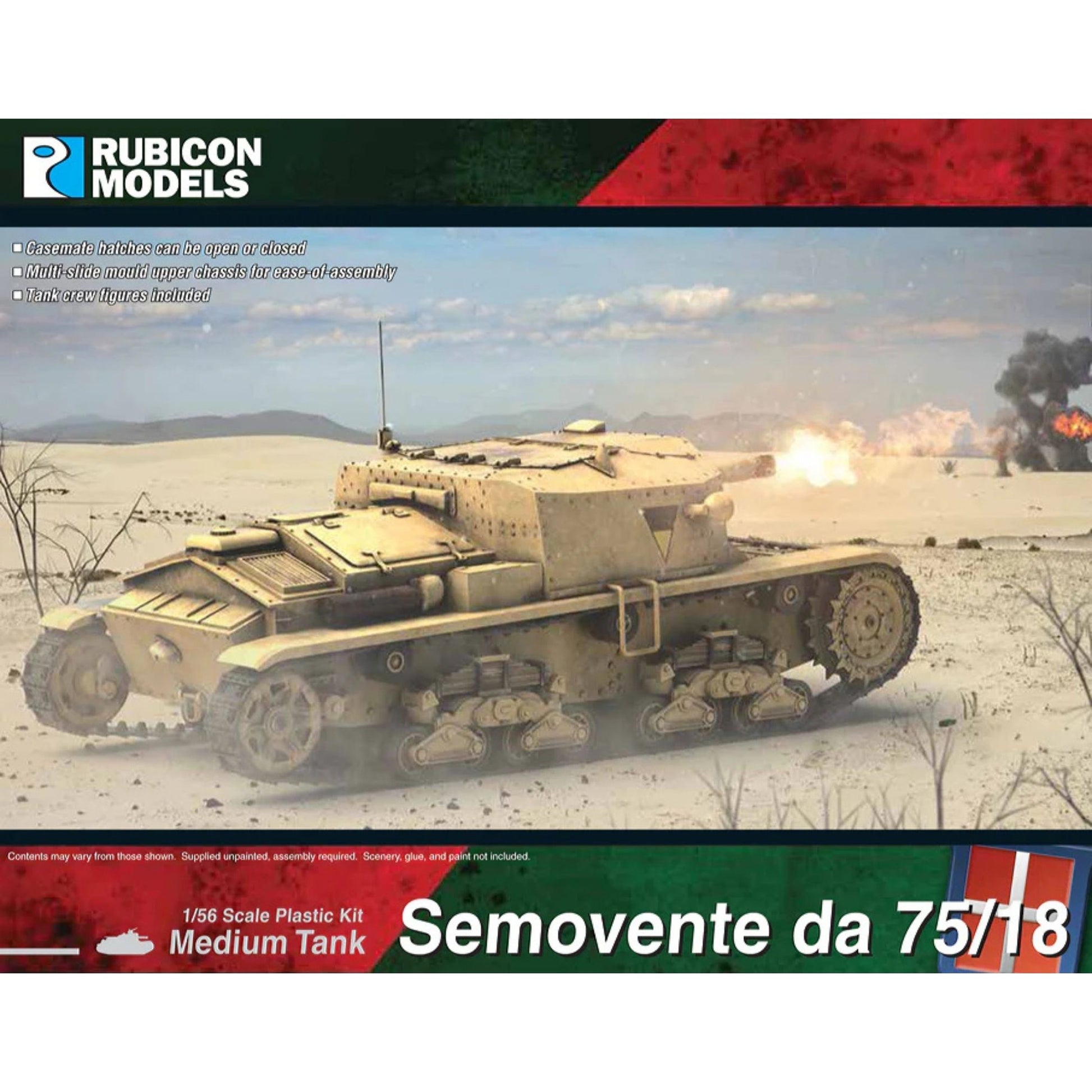 Rubicon Models 280096 Semovente da 75/18 – pudełko 1/56 Medium Tank: włoskie działo samobiezne w kamuflażu pustynnym piaskowym z zielonym trójkątem na kazamacie, haubica 75mm L/18 strzela, jedzie przez pustynny teren, logo Rubicon Models, flaga włoska, lista cech zestawu