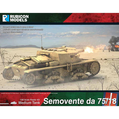 Rubicon Models 280096 Semovente da 75/18 – pudełko 1/56 Medium Tank: włoskie działo samobiezne w kamuflażu pustynnym piaskowym z zielonym trójkątem na kazamacie, haubica 75mm L/18 strzela, jedzie przez pustynny teren, logo Rubicon Models, flaga włoska, lista cech zestawu