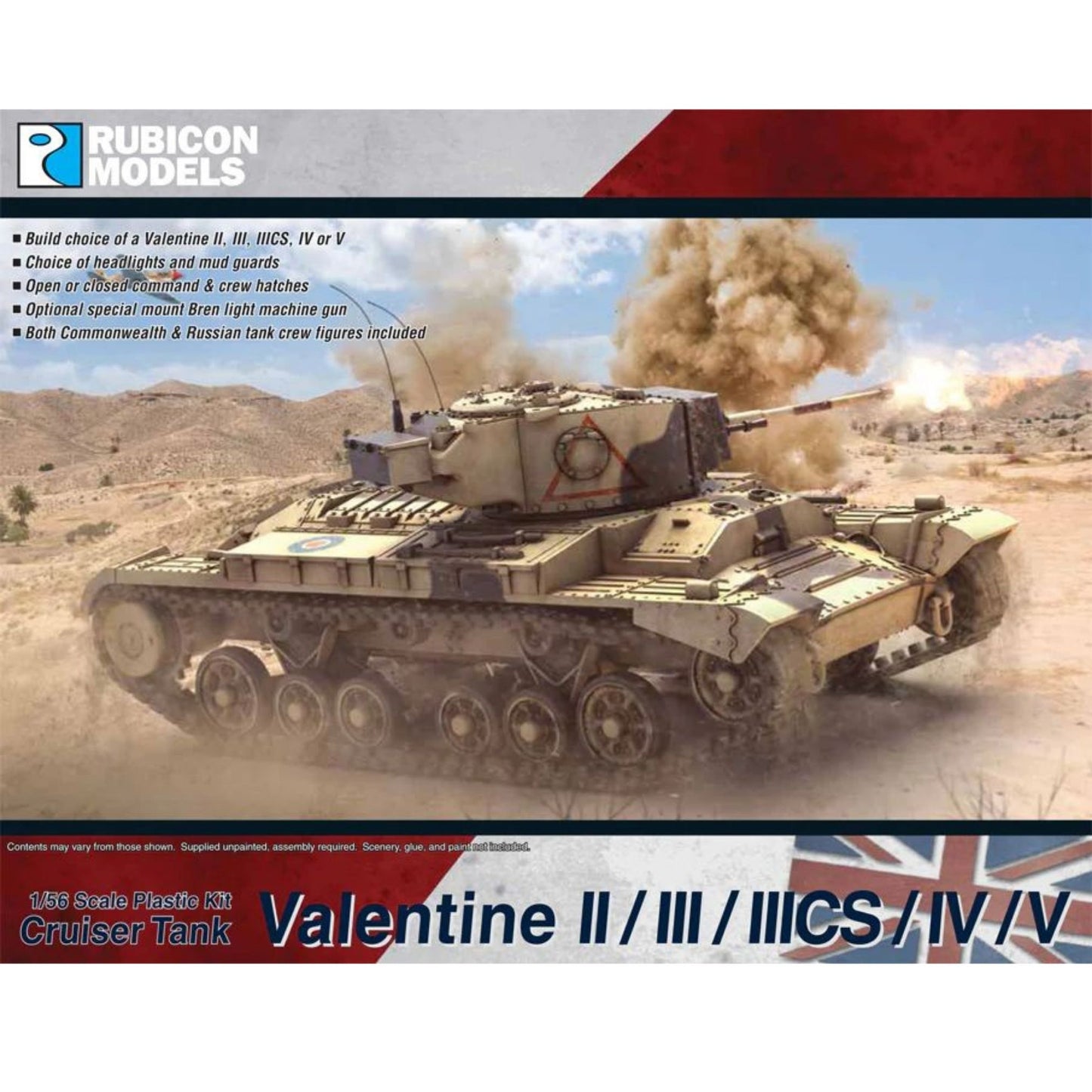 Rubicon Models 280097 Valentine Mk. II/III/IIICS/IV/V – pudełko 1/56 Cruiser Tank: czołg Valentine w kamuflażu pustynnym piaskowym z czerwono-białym znakiem na kadłubie, armata 40mm, jedzie przez pustynny teren z obłokiem dymu, logo Rubicon Models, flaga brytyjska, lista cech zestawu