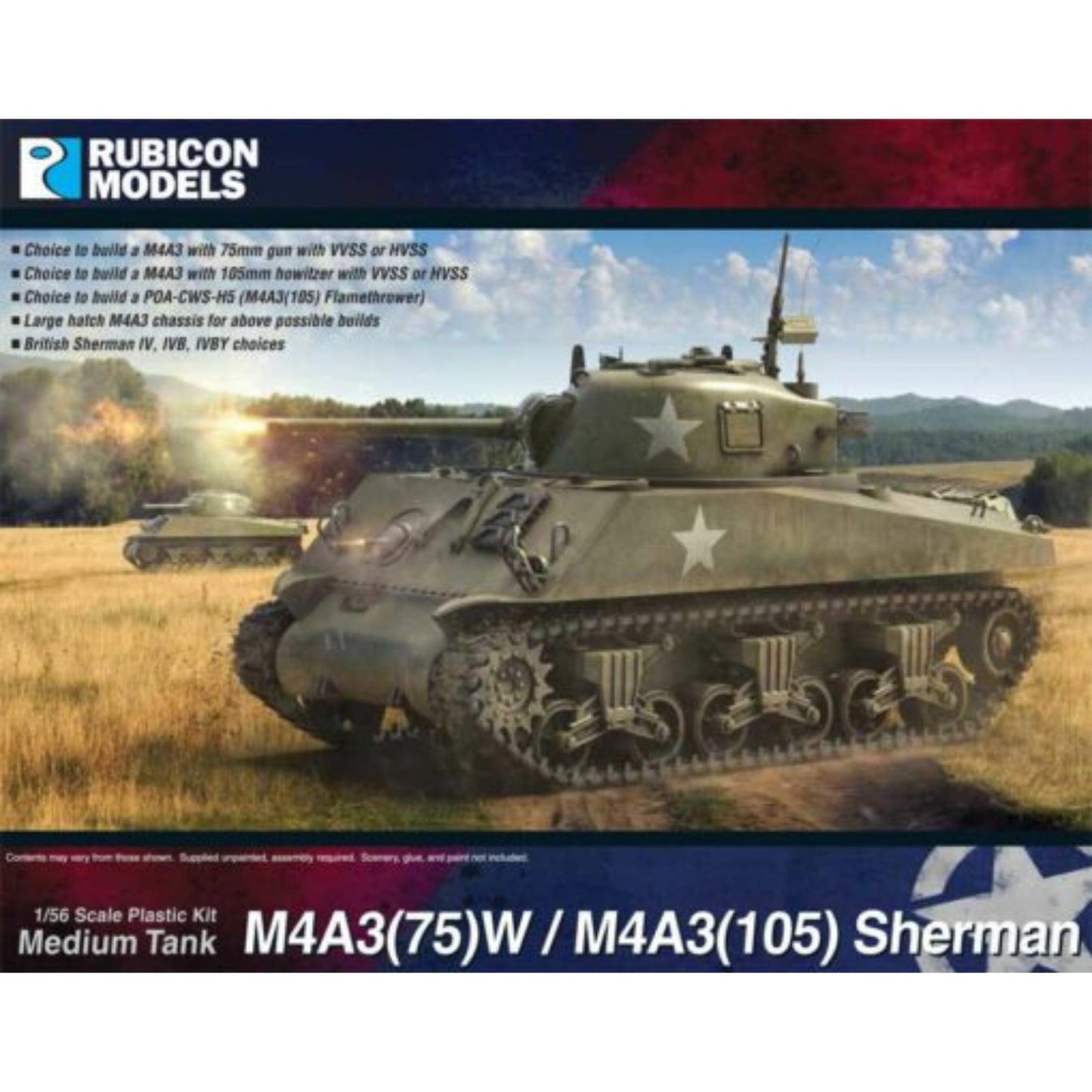 Rubicon Models 280111 M4A3(75)W / M4A3(105) Sherman – zmontowany i pomalowany model plastikowy 1/56 28mm: amerykański czołg średni Sherman oliwkowozielony z białą gwiazdą na wieży i kadłubie, armata 75mm M3, zawieszenie VVSS, strzela na polu, drugi Sherman w tle, pudełko Rubicon Models M4A3(75)W / M4A3(105) Sherman Bolt Action 28mm