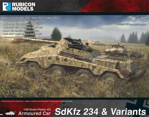 Rubicon Models 280138 SdKfz 234 & Variants – zmontowany i pomalowany model plastikowy 1/56 28mm: niemiecki 8-kołowy samochód pancerny w kamuflażu piaskowym z zielonymi plamami, armata 5cm KwK 39 na wieży, jedzie przez łąkę, pudełko Rubicon Models z listą wariantów SdKfz 234/2, 234/3, 234/4, Bolt Action 28mm