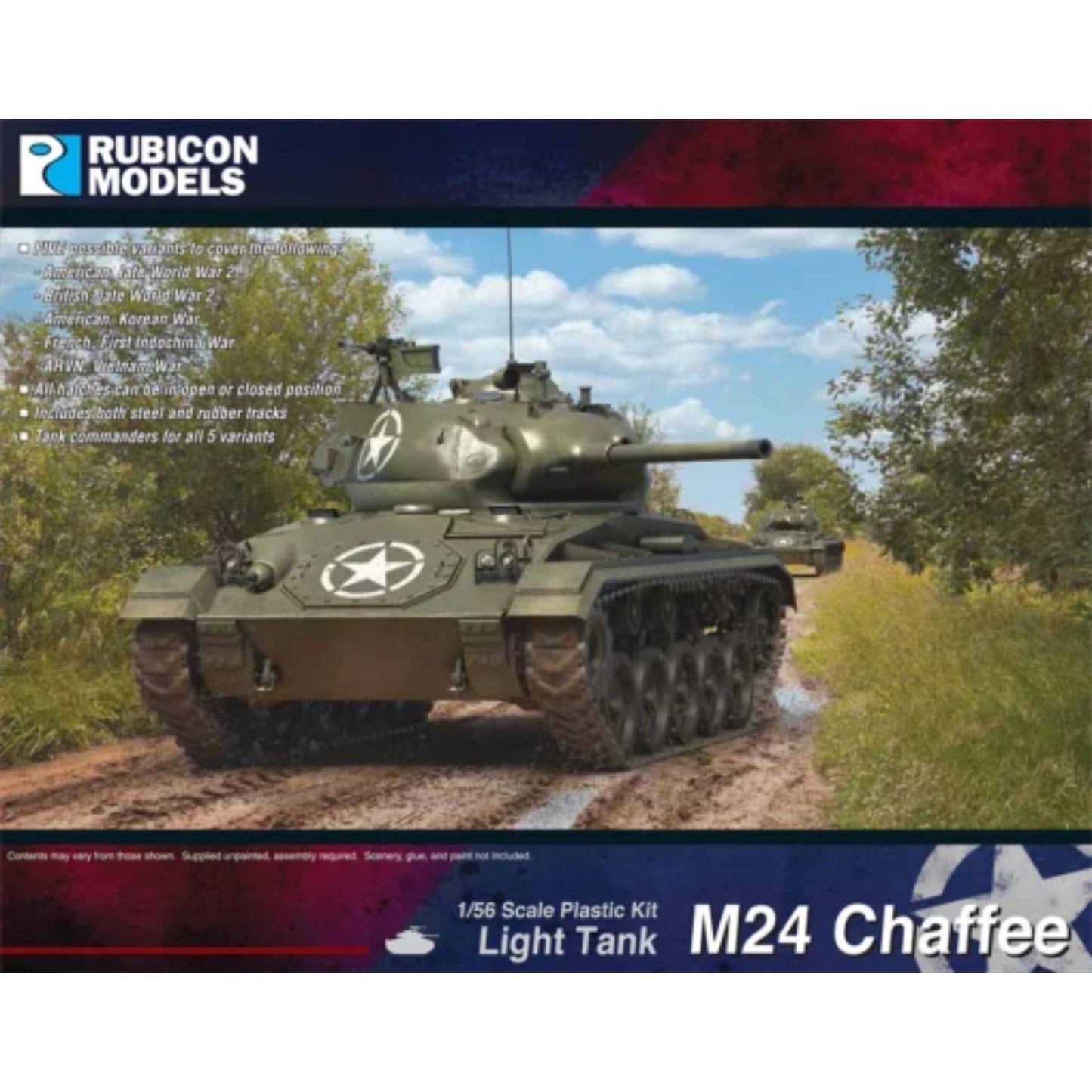 Rubicon Models 280140 M24 Chaffee Light Tank – zmontowany i pomalowany model plastikowy 1/56 28mm: amerykański lekki czołg oliwkowozielony z białą gwiazdą na wieży i kadłubie, armata M6 75mm, gąsienice stalowe, jadzie po leśnej drodze, pudełko Rubicon Models z ilustracją i listą wariantów (American/British WWII, Korean War, French Indochina, ARVN Vietnam)