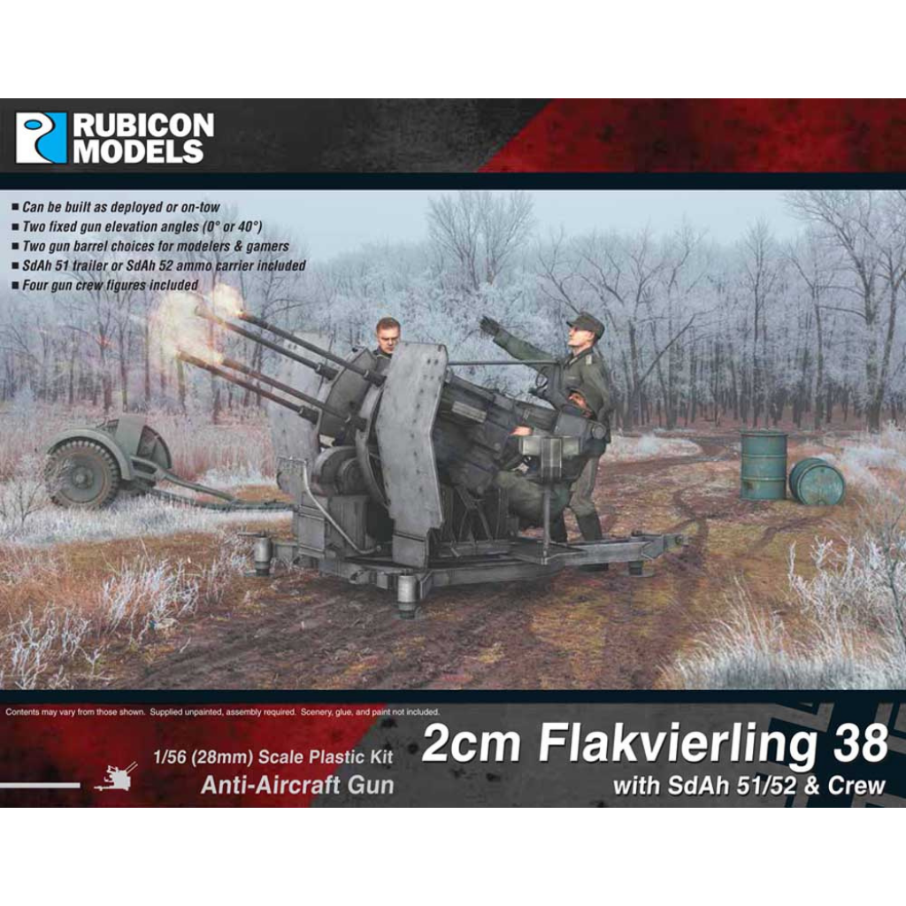 Rubicon Models 2cm Flakvierling 38 – ilustracja na pudełku, czterolufowe działo przeciwlotnicze z załogą 28mm