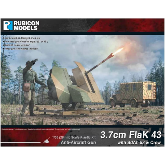 Rubicon Models 3.7cm FlaK 43 z przyczepą SdAh 58 – pudełko zestawu 1/56 28mm Bolt Action