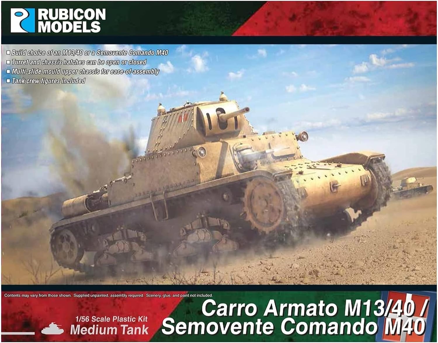 Rubicon Models 280095 Carro Armato M13/40 / Semovente Comando M40 – pudełko 1/56 Medium Tank widok z przodu: włoski czołg Średni M13/40 w kamuflażu pustynnym piaskowym, armata 47mm, jedzie przez pustynny teren z obłokiem dymu, logo Rubicon Models, flaga włoska