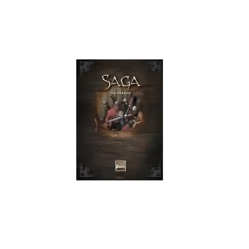 SAGA: Era Wikingów – okładka suplementu: brązowe drewniane tło z metalowymi okuciami, grupa wikingów w walce wręcz, tytuł SAGA Era Wikingów, logo Gripping Beast
