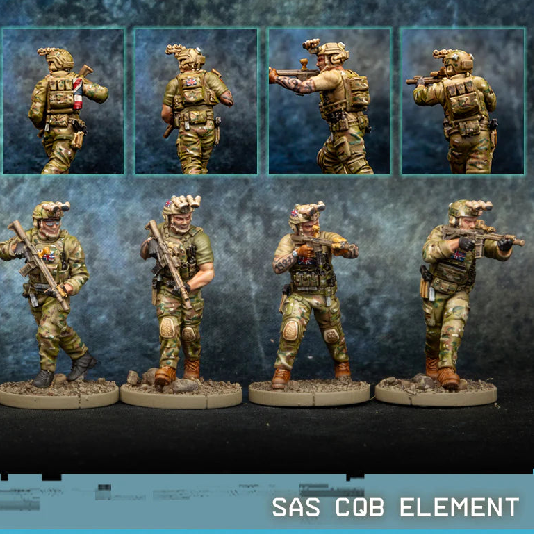 SAS CQB Element Spectre Miniatures – 4 operatorów SAS w kamuflażu Multicam z karabinkami KS-1 i Hydra mount, widok z przodu i z tyłu, 28mm
