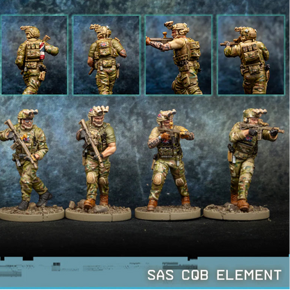 SAS CQB Element Spectre Miniatures – 4 operatorów SAS w kamuflażu Multicam z karabinkami KS-1 i Hydra mount, widok z przodu i z tyłu, 28mm
