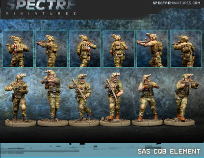 SAS CQB Element Spectre Miniatures – 6 operatorów SAS w kamuflażu Multicam z karabinkami KS-1 i Hydra mount, widok z przodu i z tyłu, 28mm
